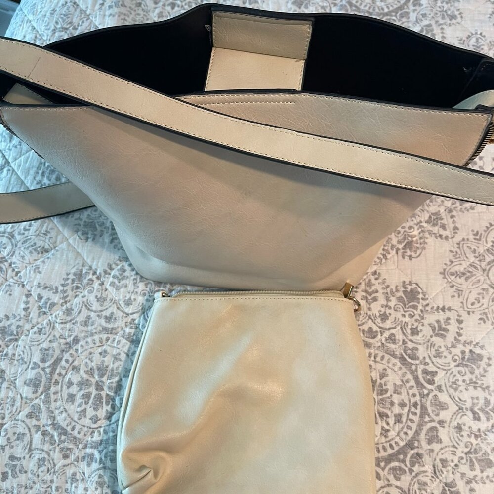 Large White Leather Tote with Makeup bag